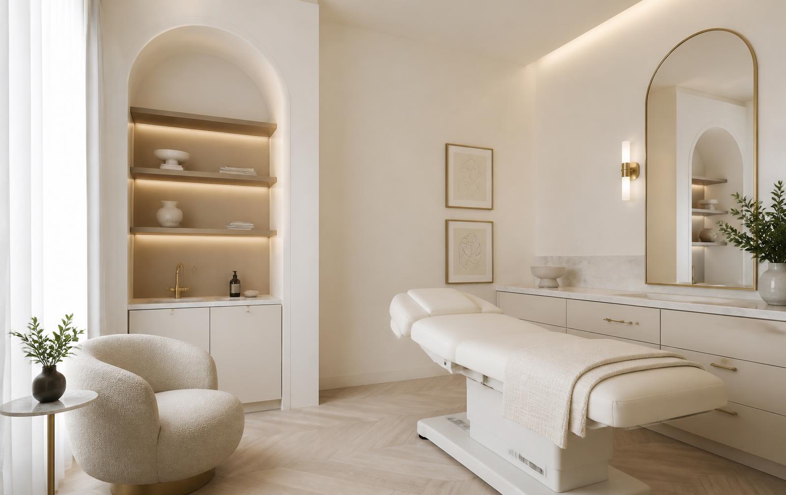 Sala de atendimento clean com detalhes em madeira e dourado discreto