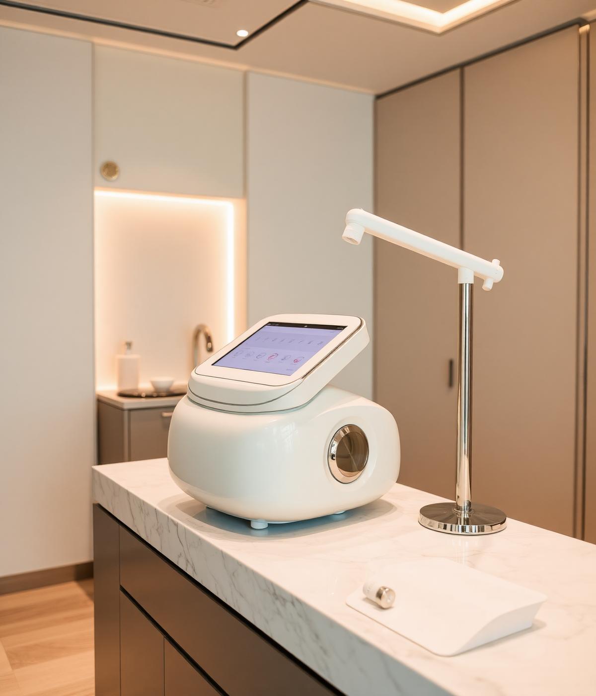 Equipamento de estética avançada em bancada de mármore